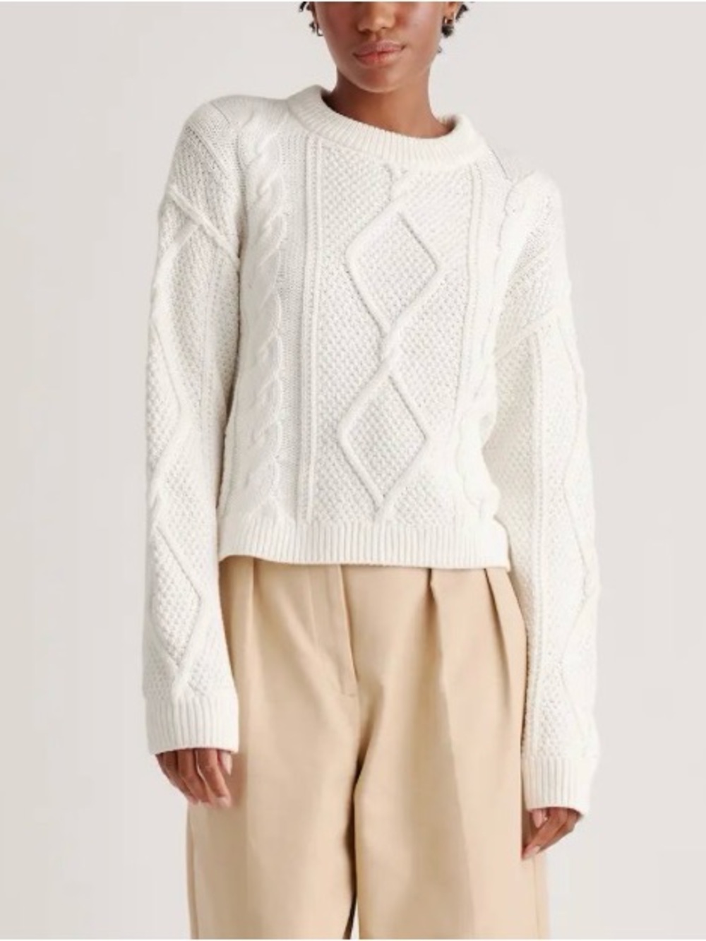 Quince 100% Organic Cotton Cropped Cable Knit Crew Sweater Coastal Chic Small